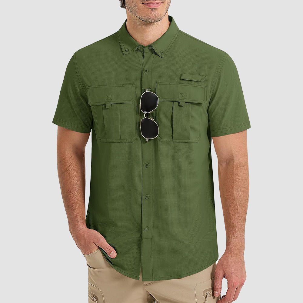 Men's UPF 50 lightweight fishing shirt in neutral tones, quick-dry breathable fabric for sun protection