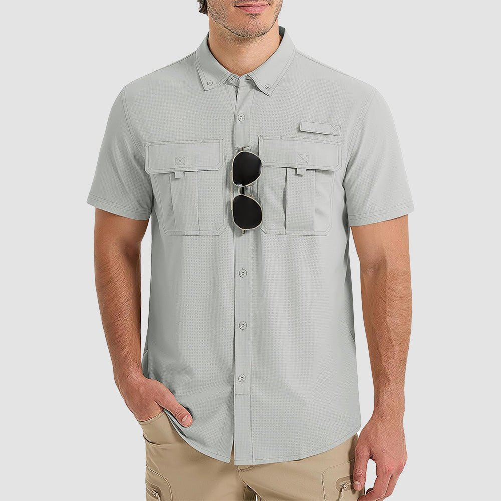 Men's UPF 50 lightweight fishing shirt in neutral tone, quick-dry breathable fabric for sun protection