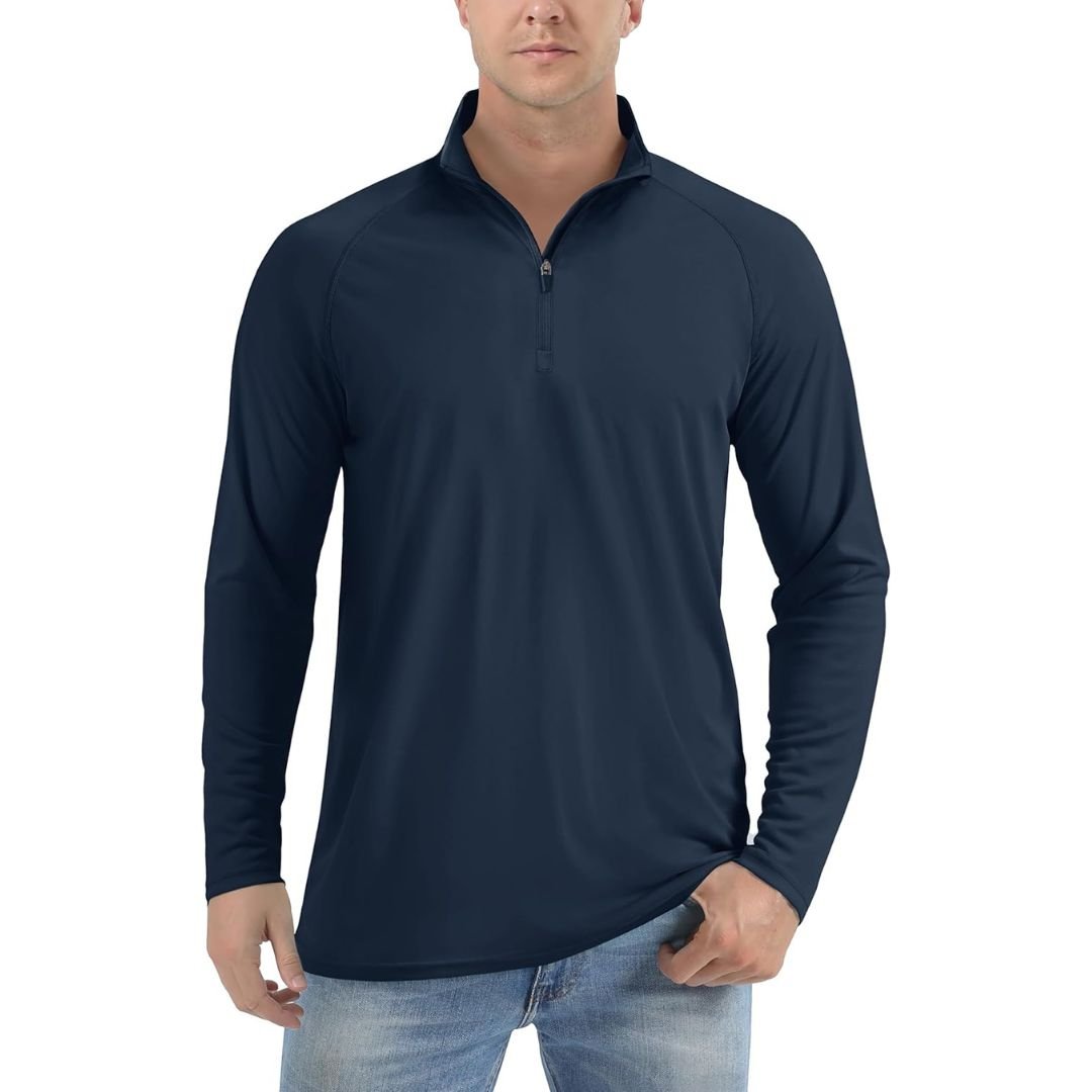 Men's UPF 50+ long sleeve zip rash guard shirt, lightweight polyester sun protection for outdoor sports