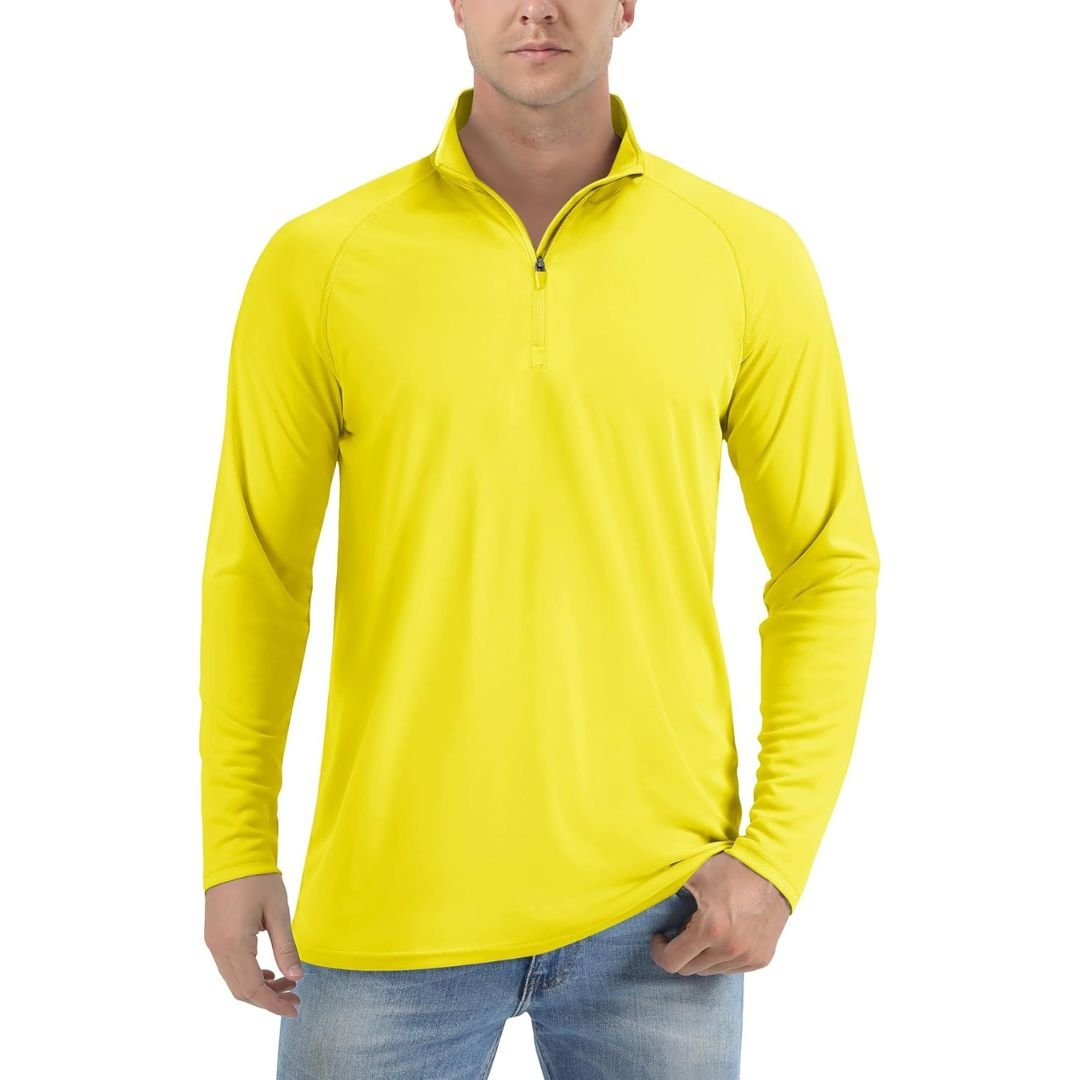 Men's UPF 50+ long sleeve zip rash guard shirt, lightweight polyester sun protection for outdoor sports