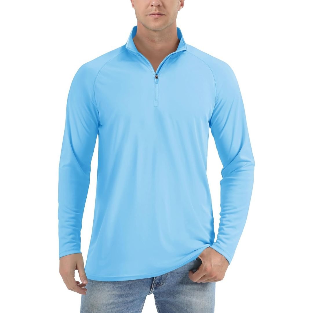 Men's UPF 50+ long sleeve zip rash guard shirt, lightweight polyester sun protection for outdoor sports