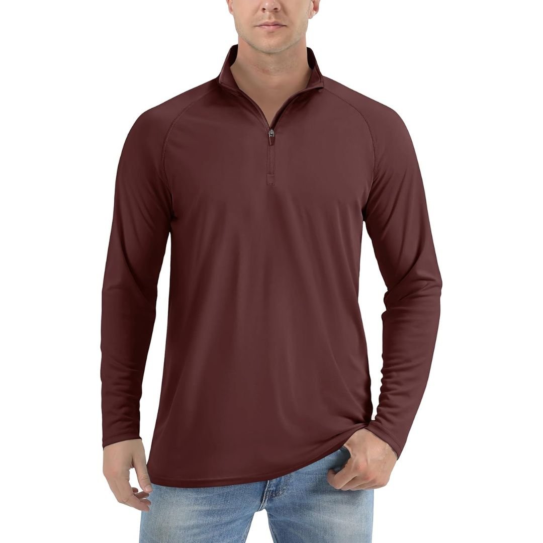 Men's UPF 50+ long sleeve zip rash guard shirt for running hiking fishing lightweight quick-dry