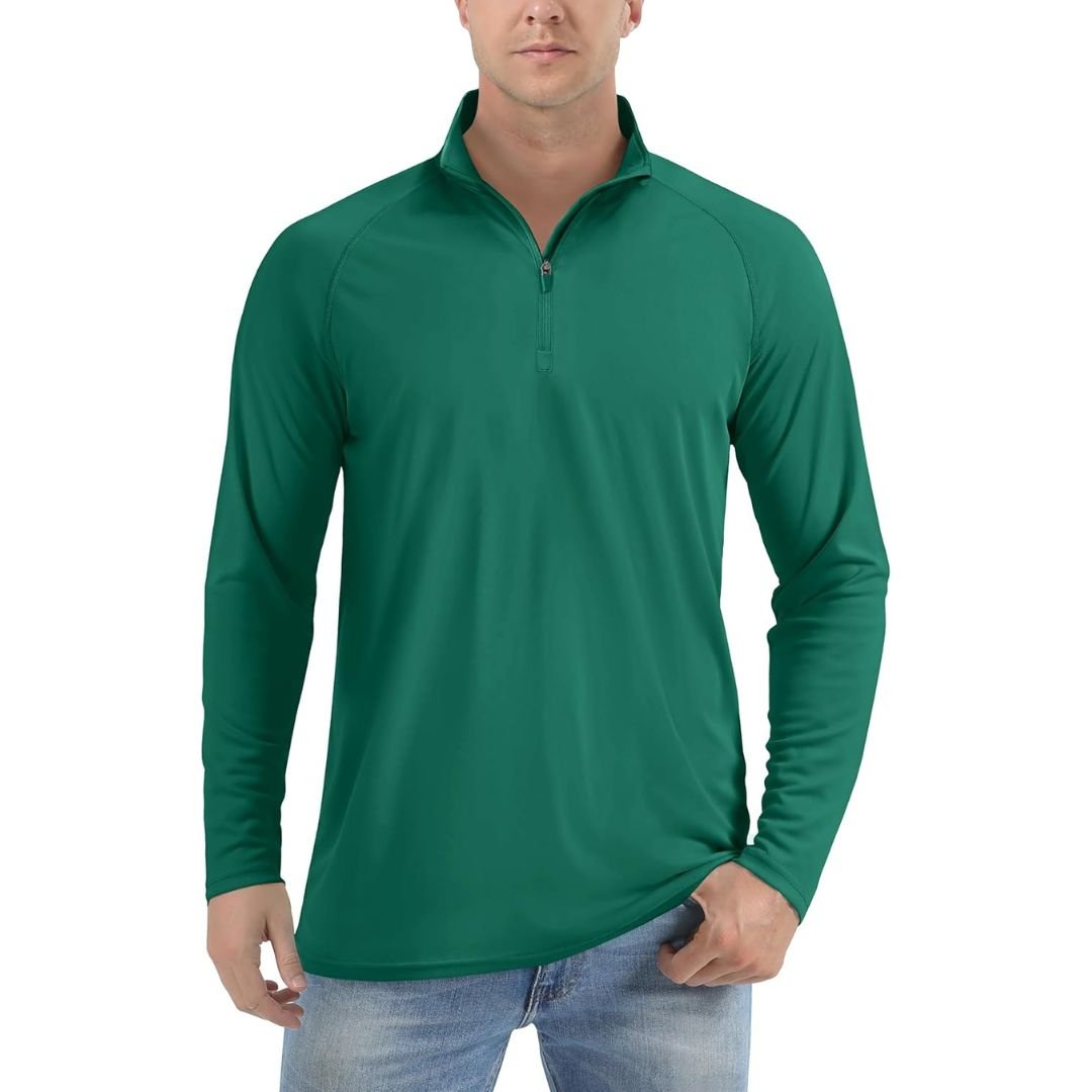 Men's UPF 50+ long sleeve zip rash guard shirt, lightweight polyester sun protection for outdoor sports