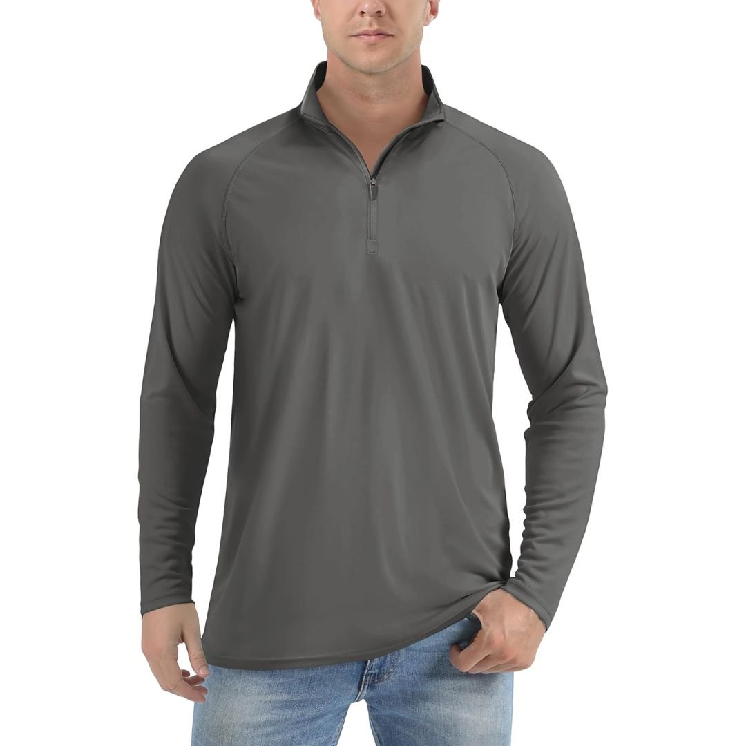 Men's UPF 50+ long sleeve zip rash guard shirt lightweight quick-dry polyester for outdoor sports