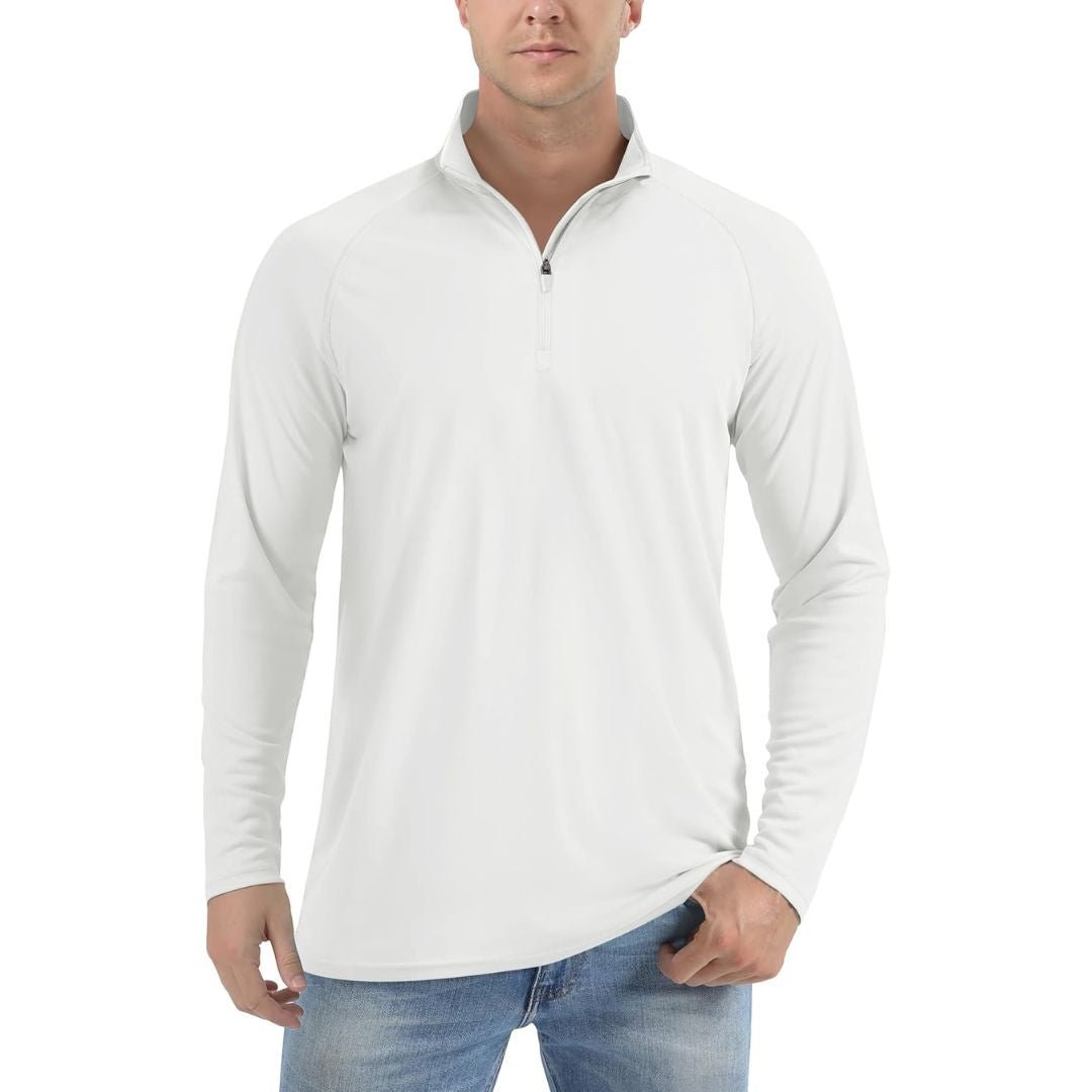 Men's UPF 50+ long sleeve zip rash guard shirt lightweight quick-dry polyester for outdoor sports
