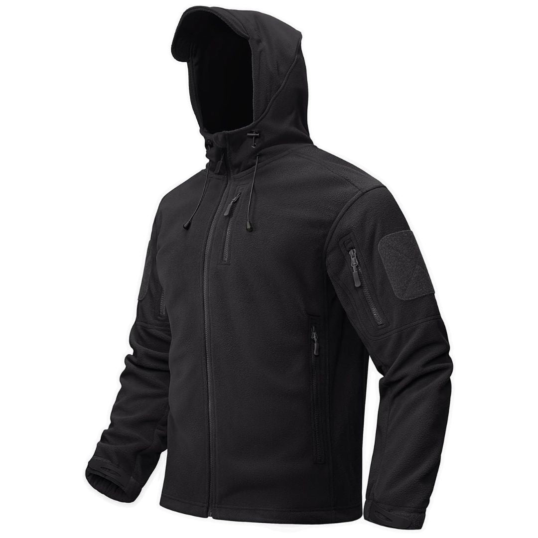 Men's tactical fleece hoodie jacket, full fleece-lined windproof coat with multiple pockets