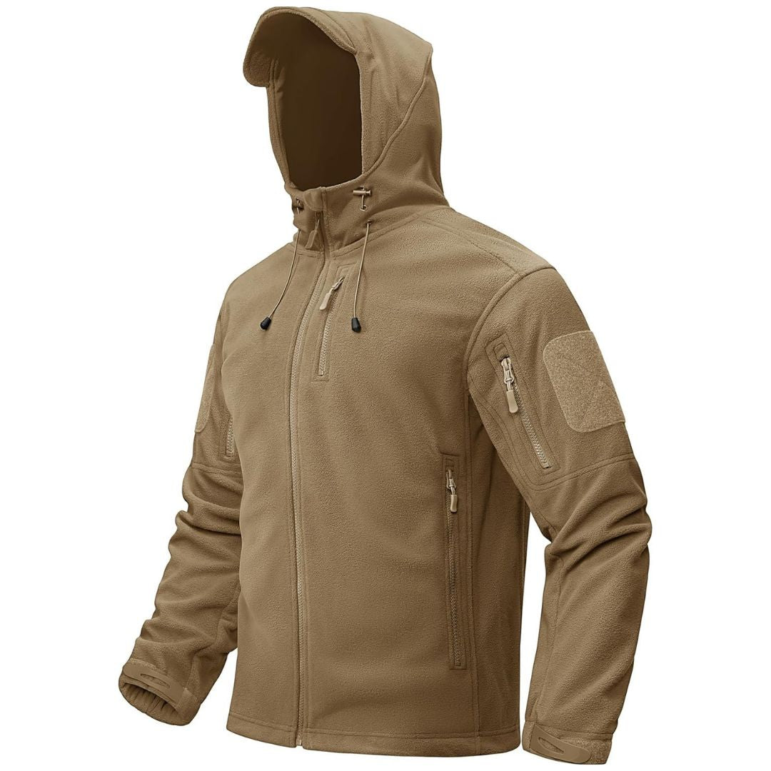 Men's tactical fleece hoodie jacket, full fleece-lined windproof winter coat with zip closure
