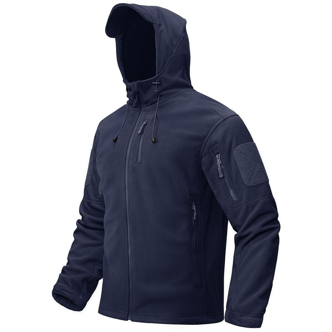 Men's tactical fleece hoodie jacket, full fleece-lined windproof coat with multi-pocket design