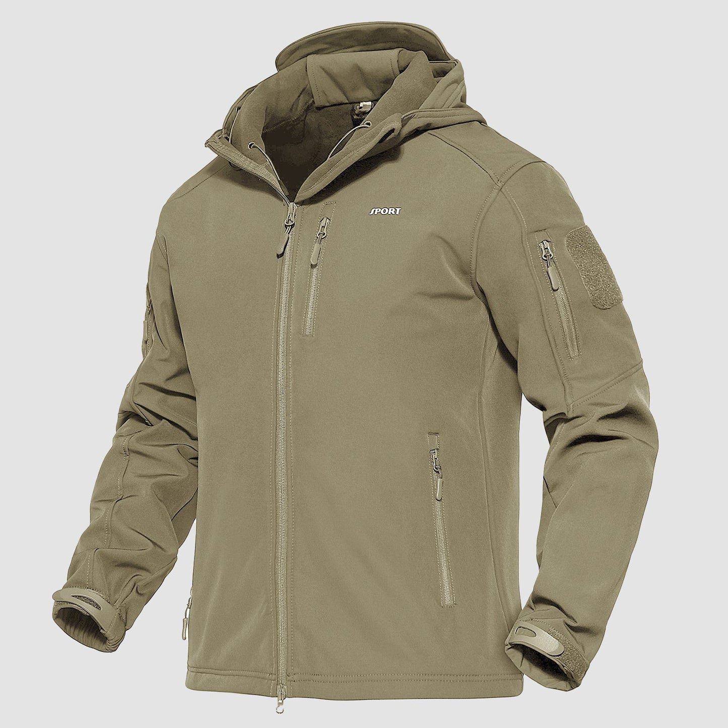Men's olive tactical soft-shell jacket, fleece-lined, water-resistant, 6-pocket outdoor design