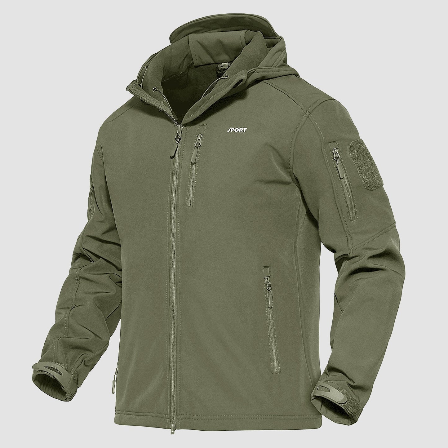 Men's olive tactical soft-shell jacket fleece-lined water-resistant 6-pocket outdoor design