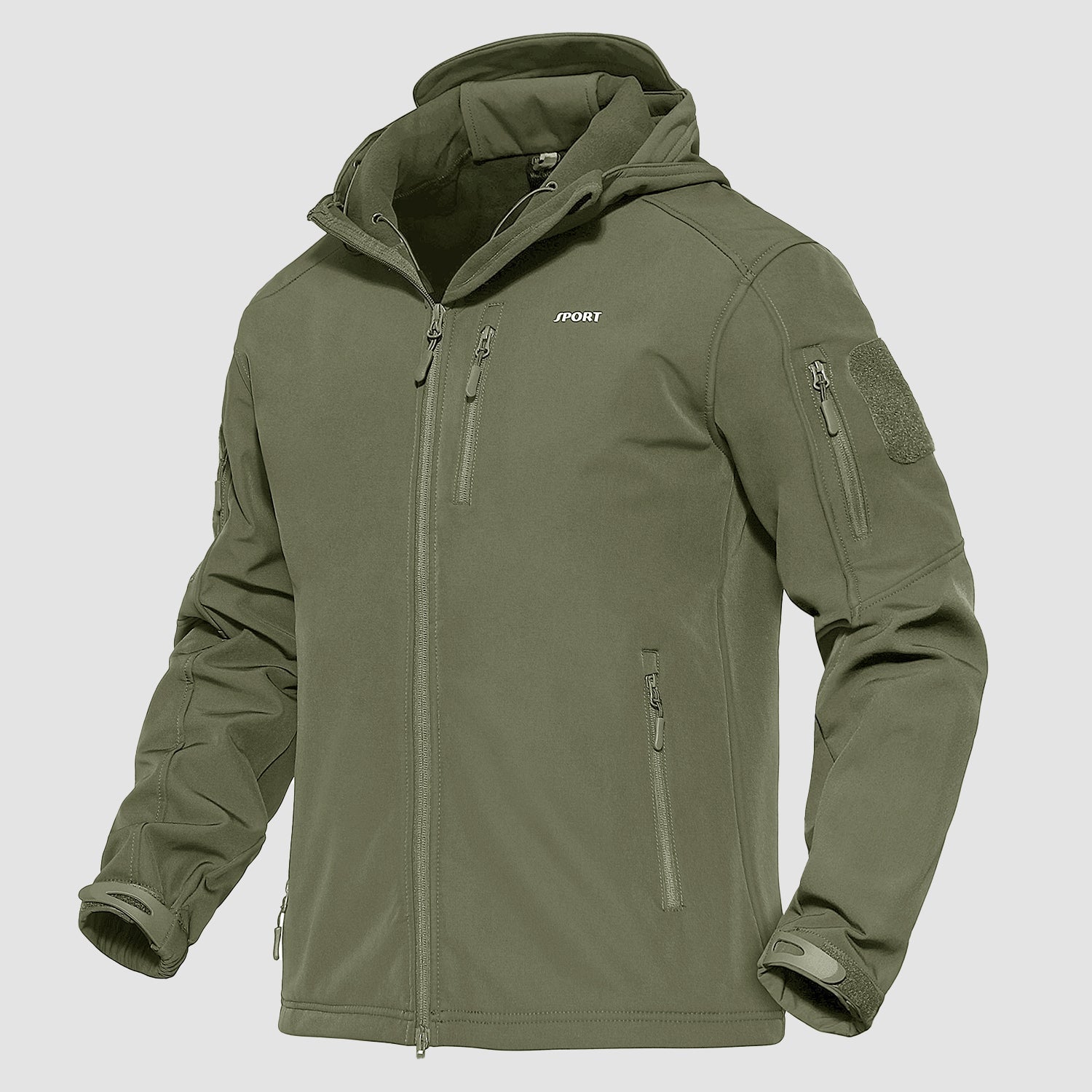 Men's olive tactical soft-shell jacket fleece-lined water-resistant 6-pocket outdoor design