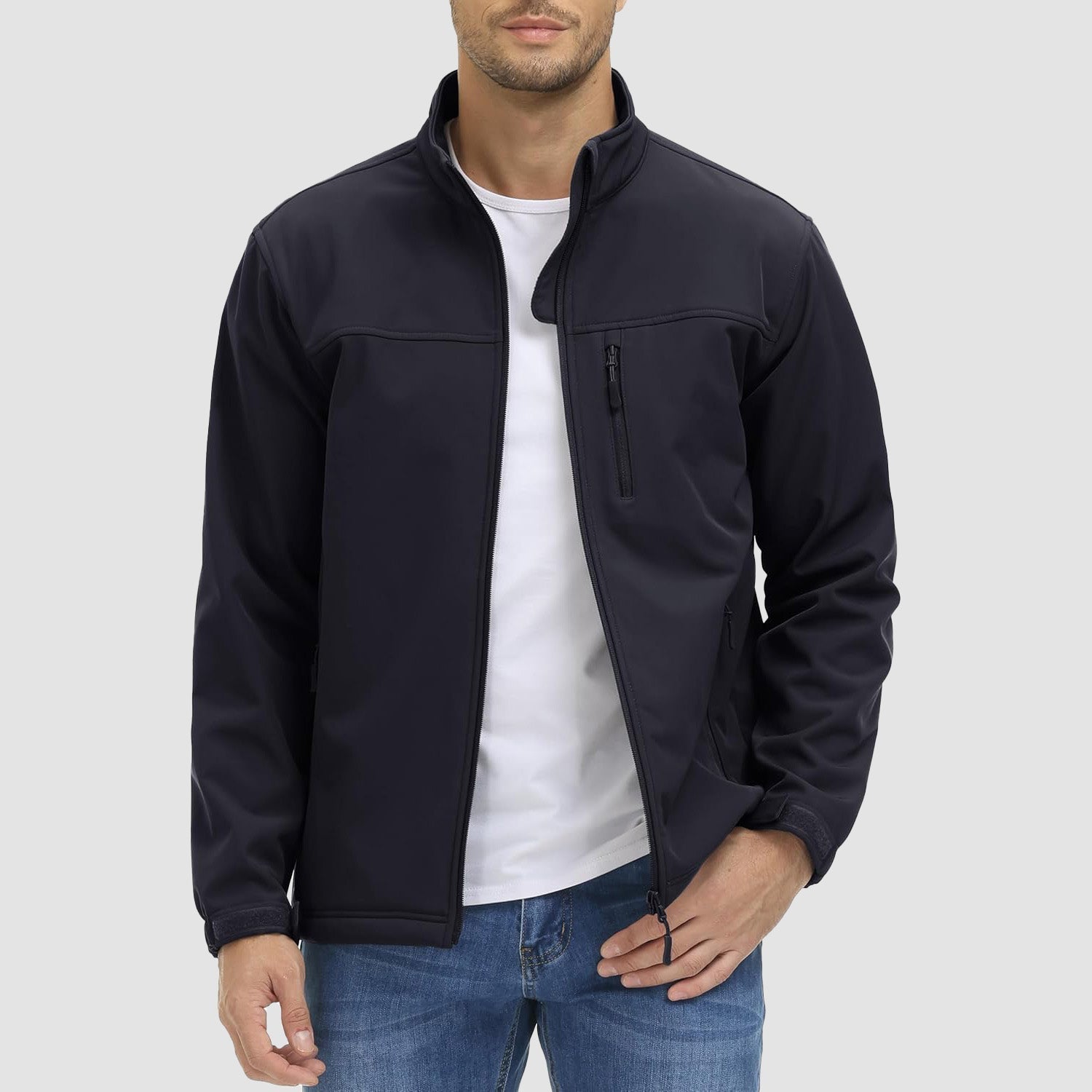 Men's tactical soft shell winter jacket with fleece lining, stretch fit, and abrasion-resistant panels