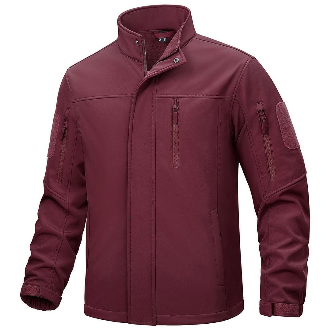Men's dark tactical jacket windproof fleece-lined water-resistant outdoor coat with multi-pocket design