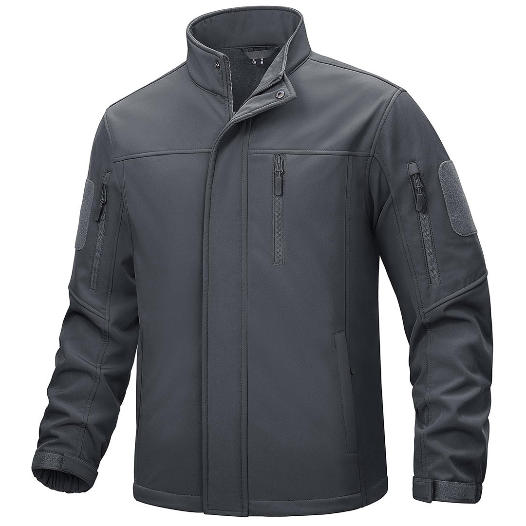 Men's tactical jacket dark windproof fleece-lined coat with multi-pocket utility design for outdoor wear