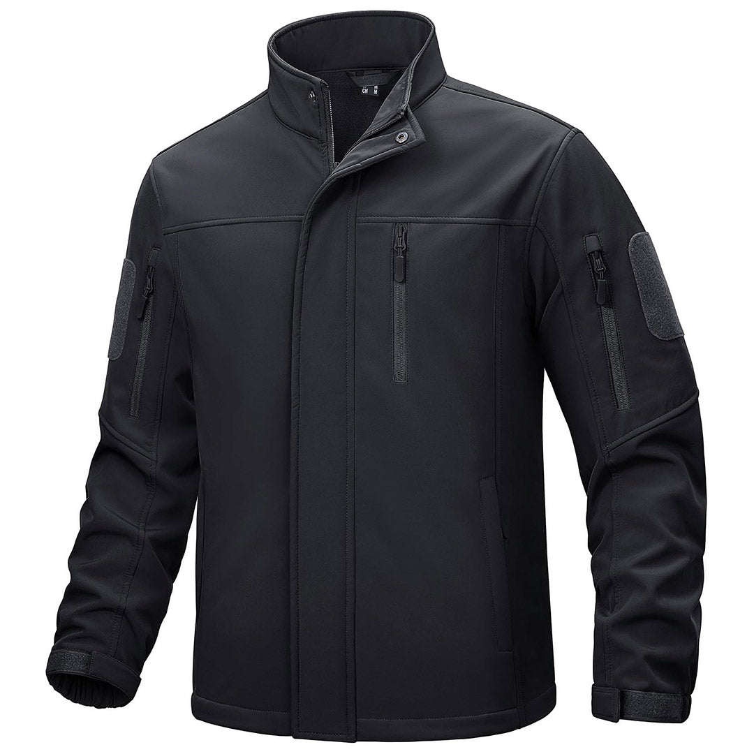 Men's dark tactical jacket windproof fleece-lined water-resistant outdoor coat with multiple pockets