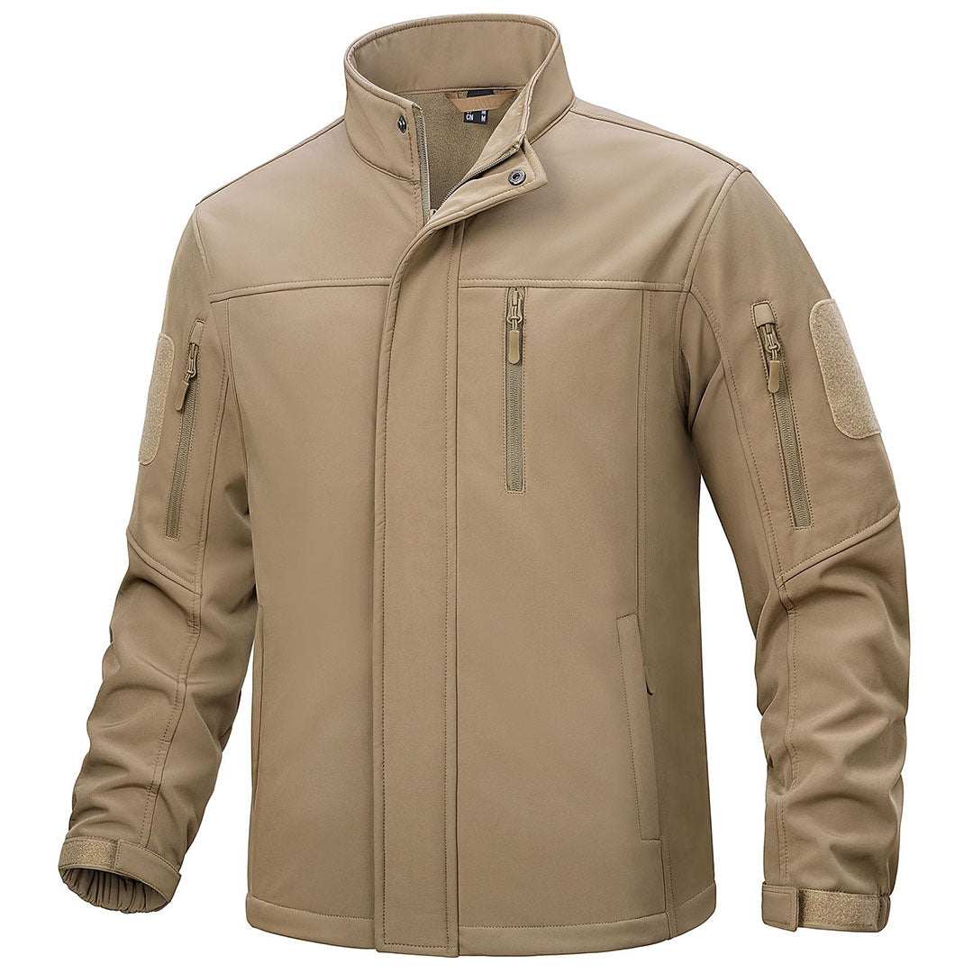 Men's tactical jacket dark windproof fleece-lined outdoor coat with multi-pocket water-resistant shell