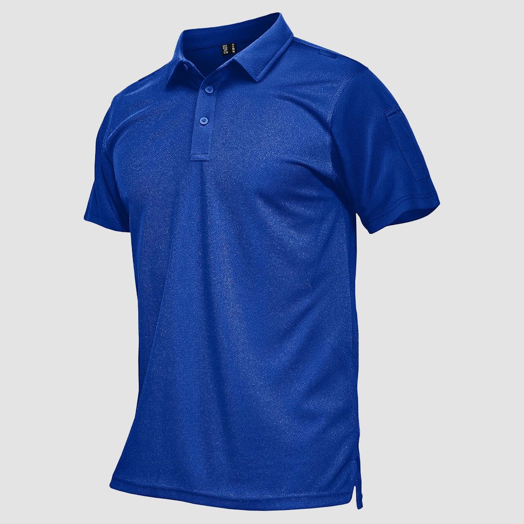 Men's navy tactical polo shirt UPF 50+ quick-dry performance fit with moisture-wicking pique fabric