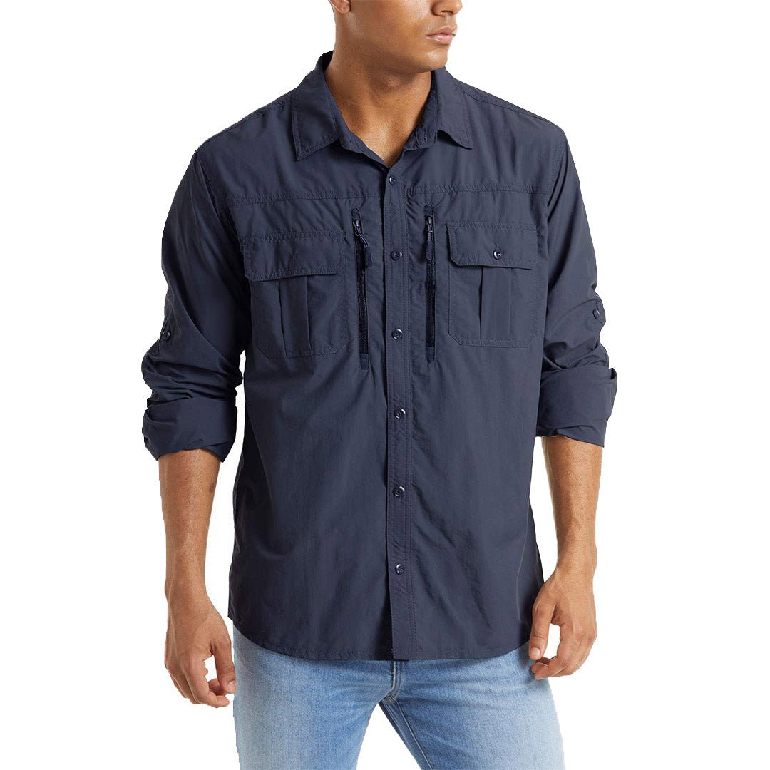 Men's olive tactical ripstop nylon button-down shirt with UPF sun protection and long sleeves