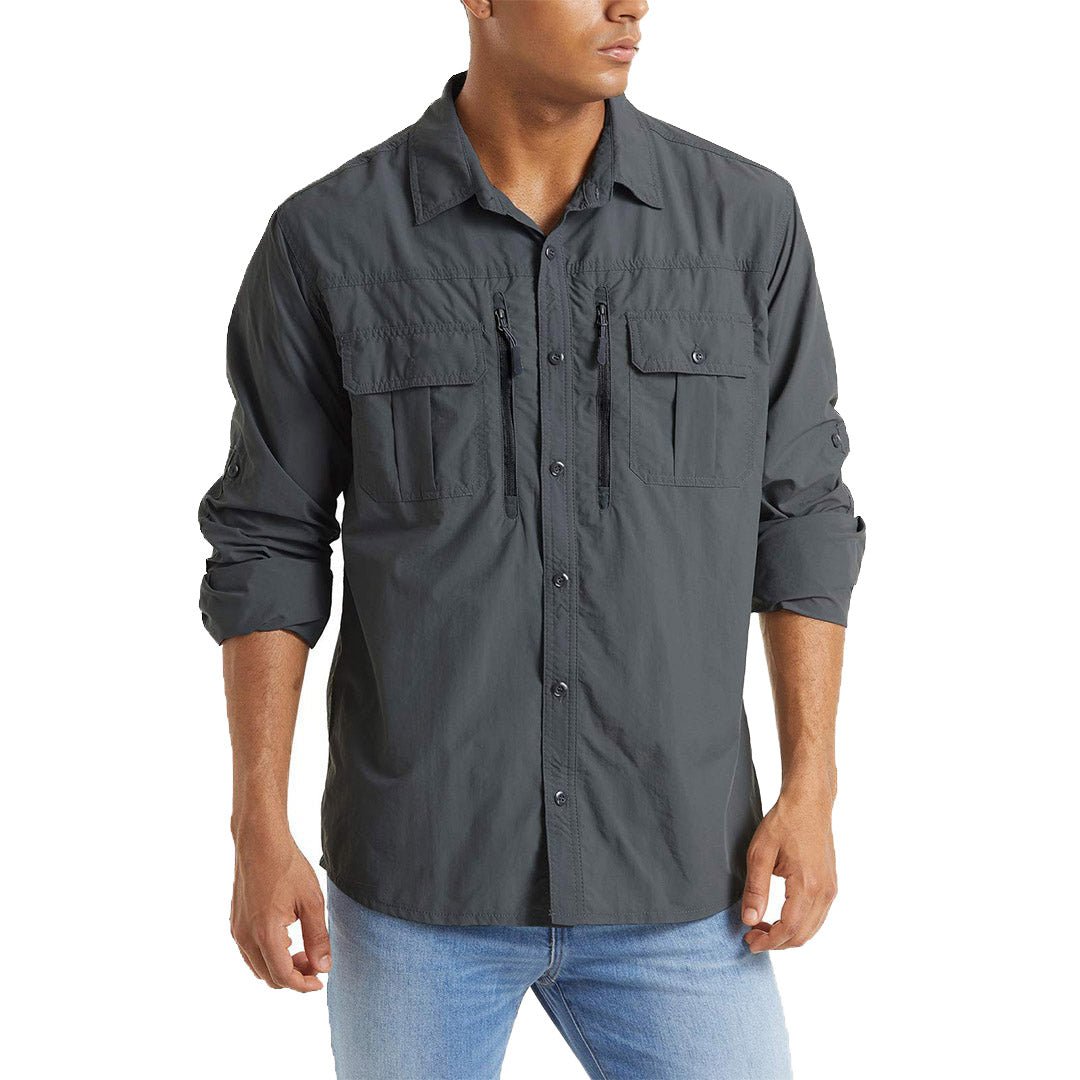 Men's olive tactical button-down long sleeve shirt, nylon ripstop sun protective quick-dry outdoor fit