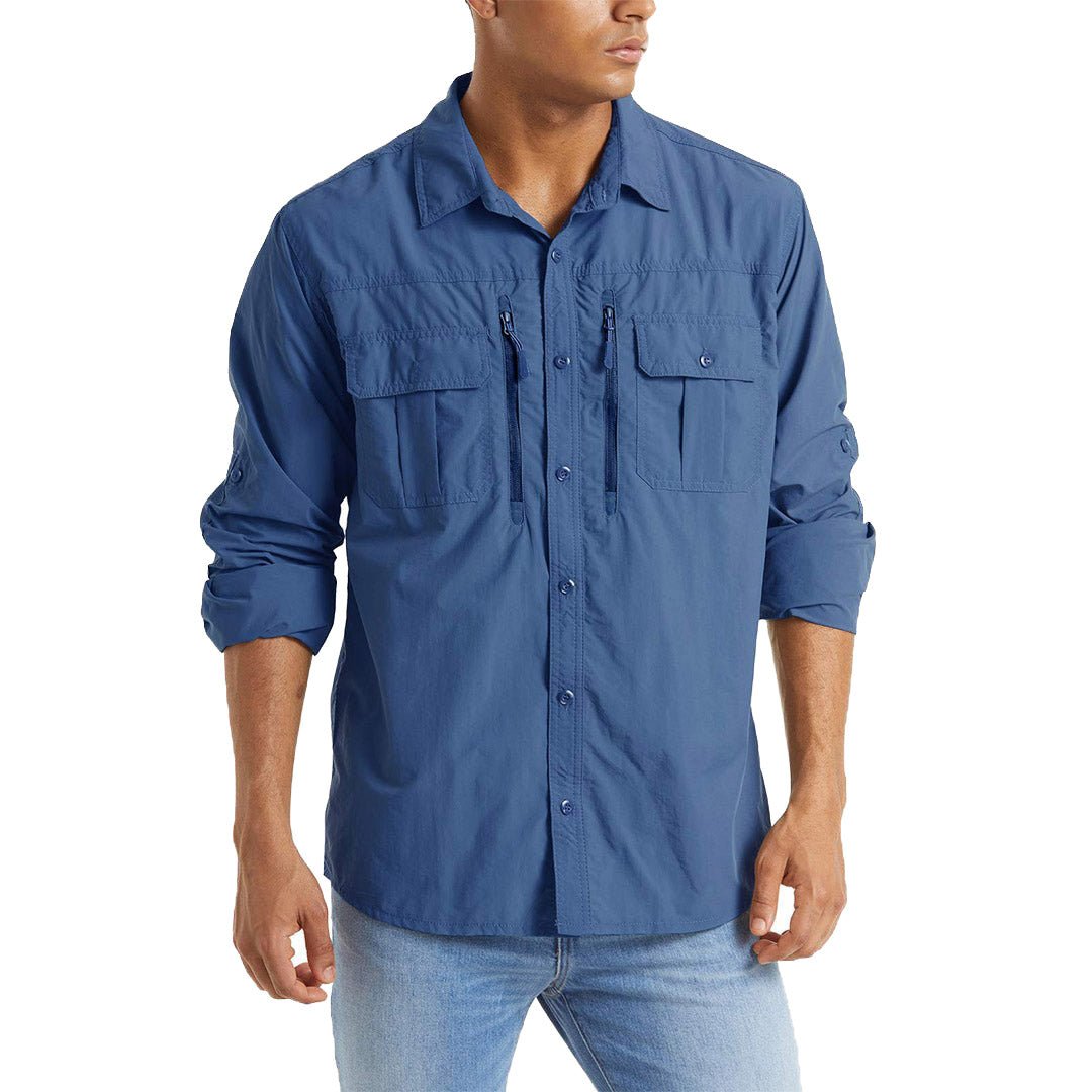 Men's tactical button-down long sleeve shirt, sun protective nylon ripstop, quick-dry outdoor fit