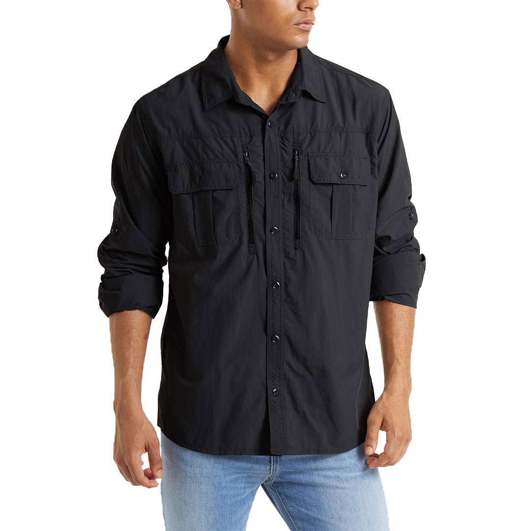 Men's tactical long sleeve button-down shirt, sun protective nylon ripstop, quick-dry outdoor fit