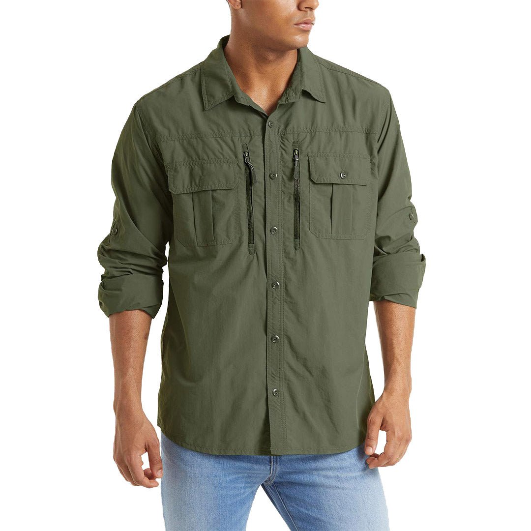 Men's tactical button-down long sleeve shirt, sun protective nylon ripstop, quick-dry outdoor fit