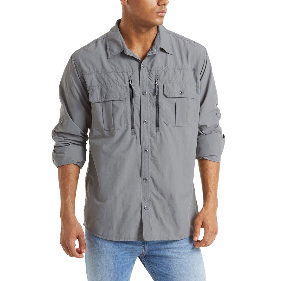 Men's olive tactical ripstop nylon button-down shirt, UPF sun protection, long sleeve outdoor fit