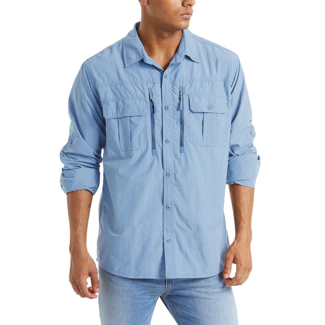 Men's olive tactical ripstop nylon button-down shirt with long sleeves and sun protection