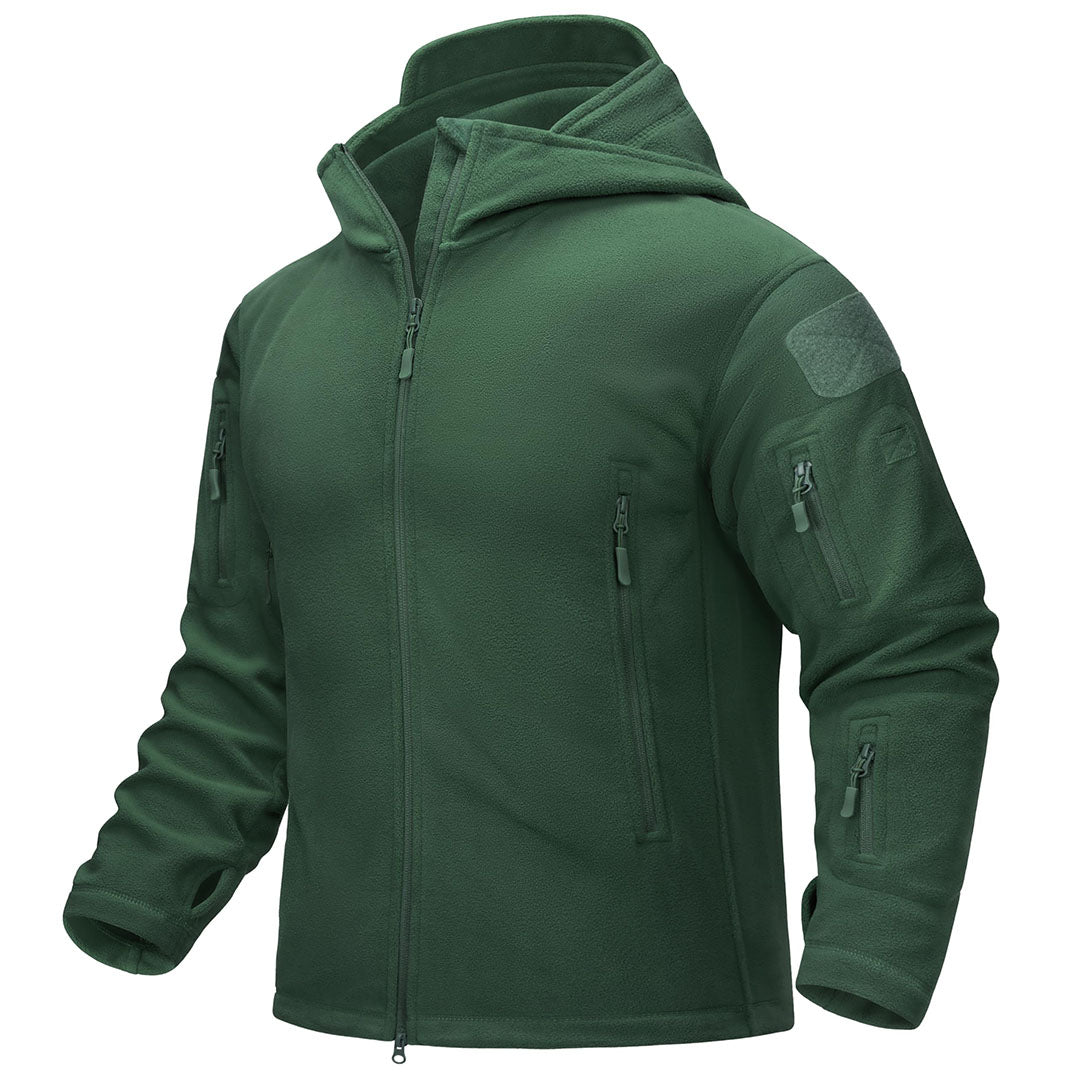 Men's tactical thermal bomber jacket in fleece with windproof hood and stand-up collar for outdoor