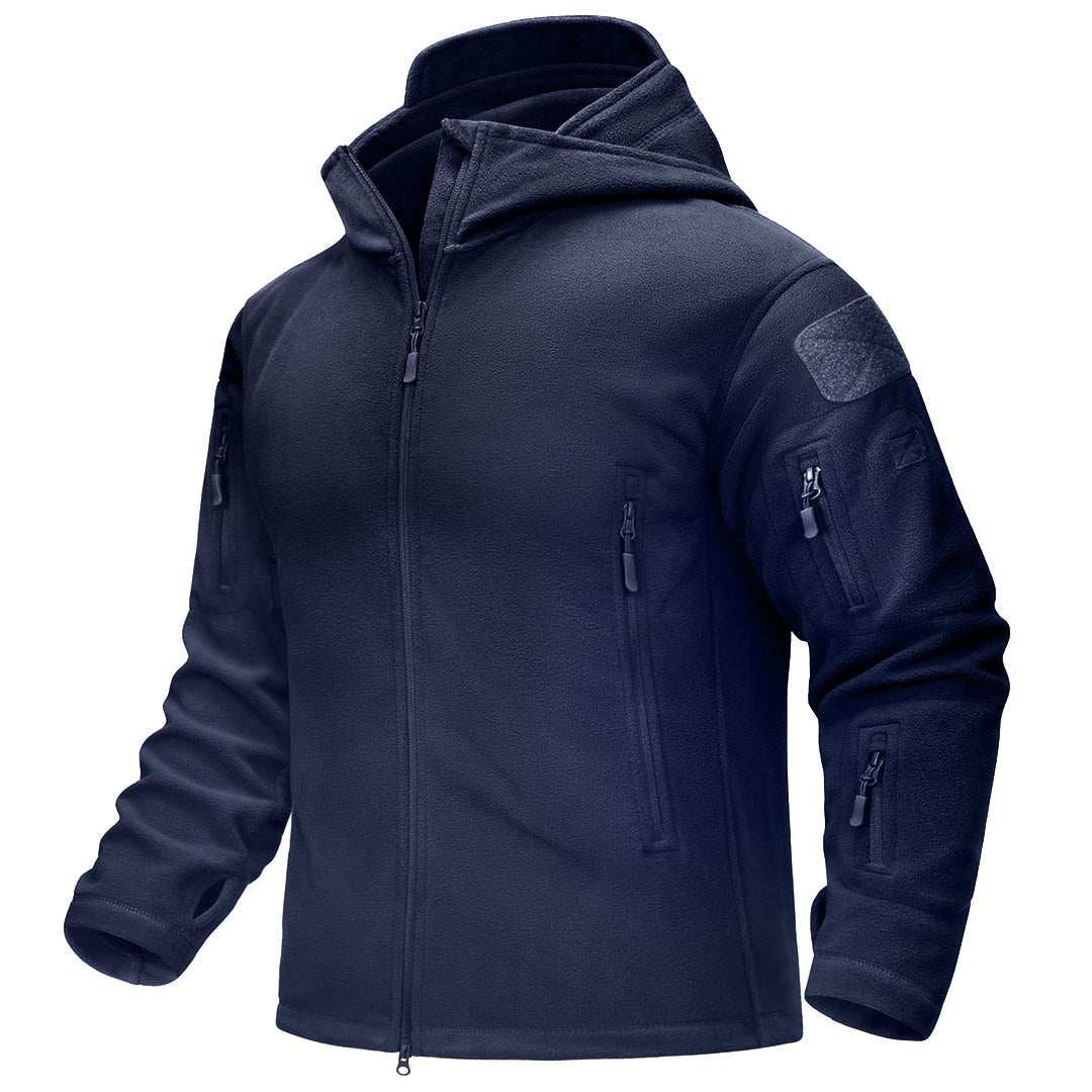 Men's tactical thermal bomber jacket fleece-lined windproof hood stand collar outdoor adventure