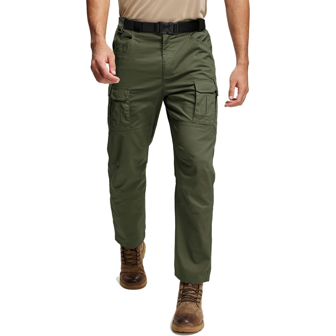 Men's tactical waterproof ripstop hiking pants in olive, flexible fit with reinforced knees and 8 pockets