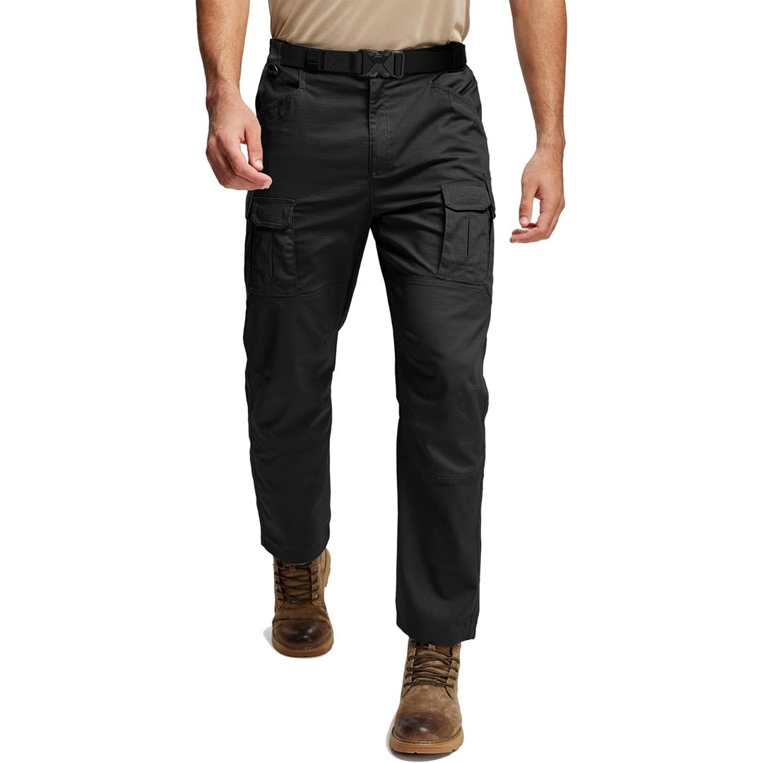 Men's tactical gray ripstop hiking pants with reinforced knees, 8 pockets, and flexible waterproof fit