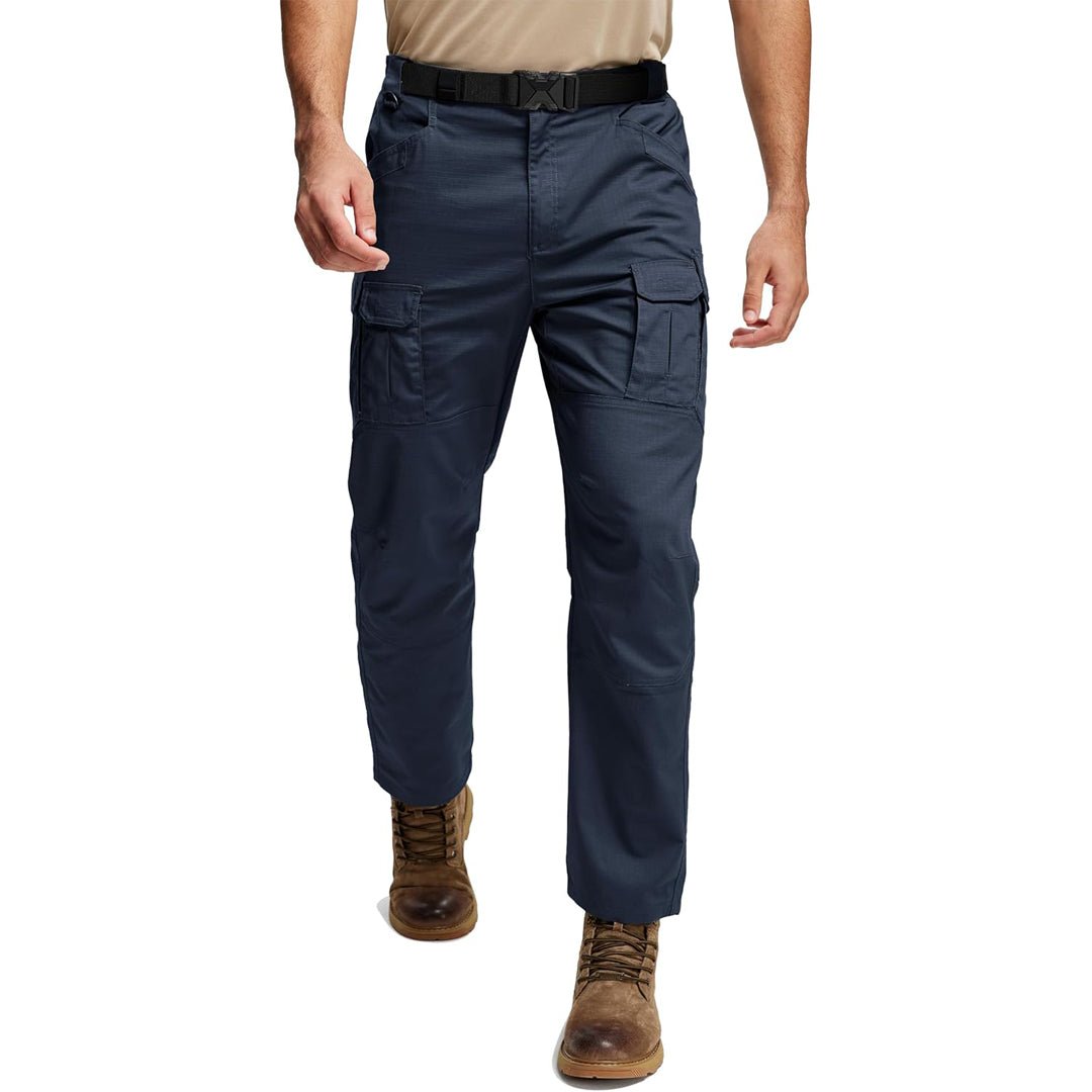 Men's tactical waterproof ripstop hiking pants in olive, flexible fit with reinforced knees and 8 pockets