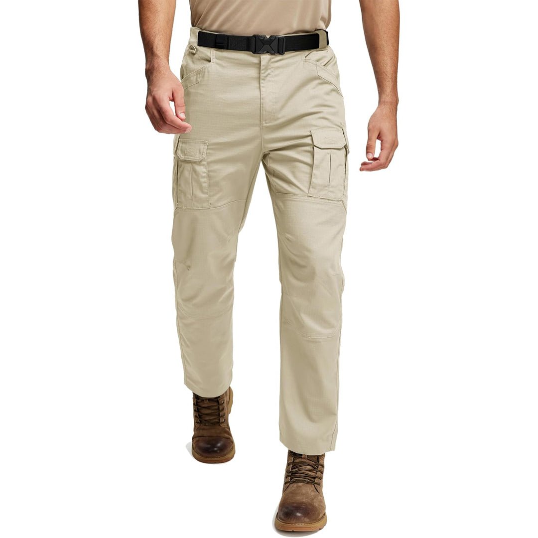 Men's olive tactical ripstop hiking pants with reinforced knees, 8 pockets, and flexible waterproof fit