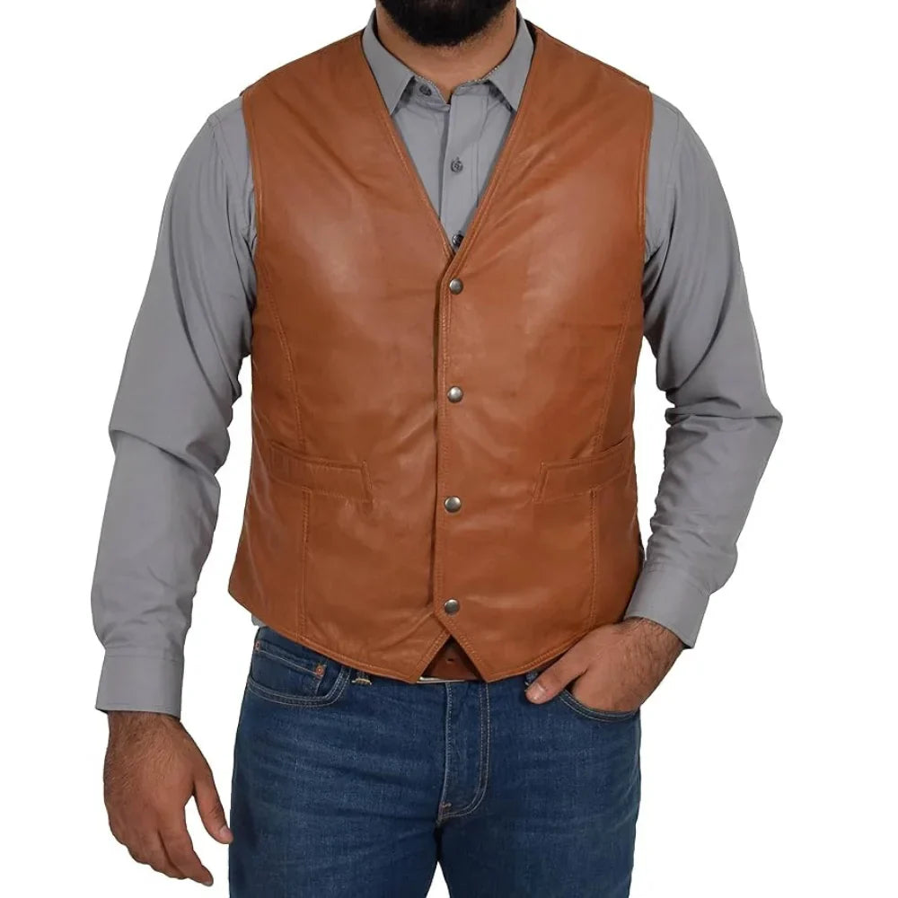 Men's black genuine leather biker vest traditional waistcoat cut with soft viscose lining