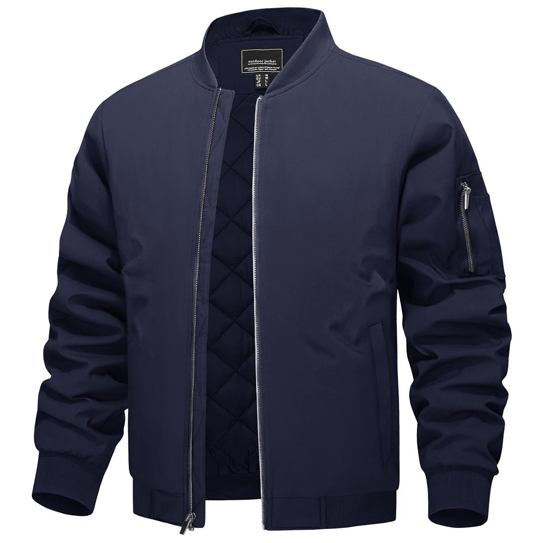 Men's thermal quilted bomber jacket water-resistant insulated navy blue outdoor adventure wear