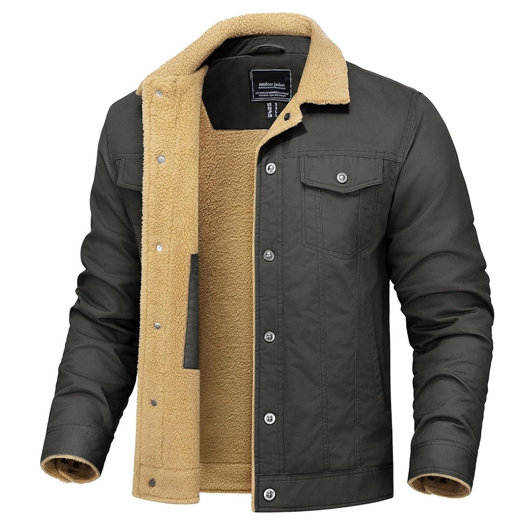 Men's thermal sherpa fleece cargo jacket with windproof cuffs and six-pocket cotton shell
