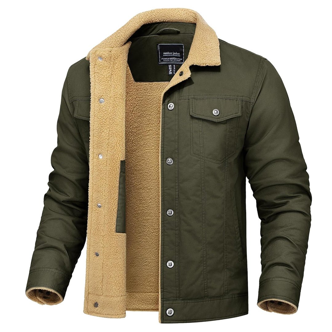 Men's sherpa fleece lined cargo jacket with windproof cuffs, six pockets, cotton outer