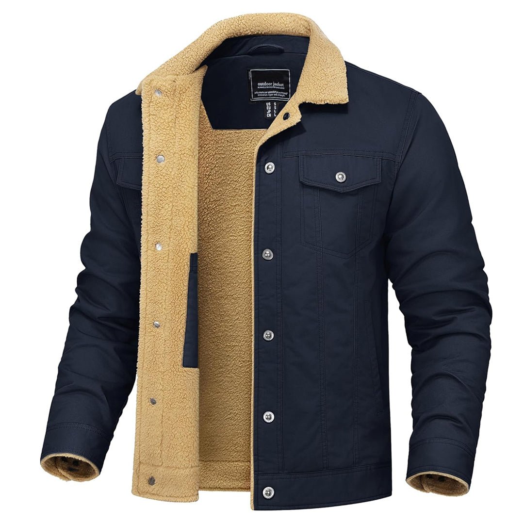 Men's thermal sherpa fleece cargo jacket windproof cuffs six-pocket cold weather outdoor layer