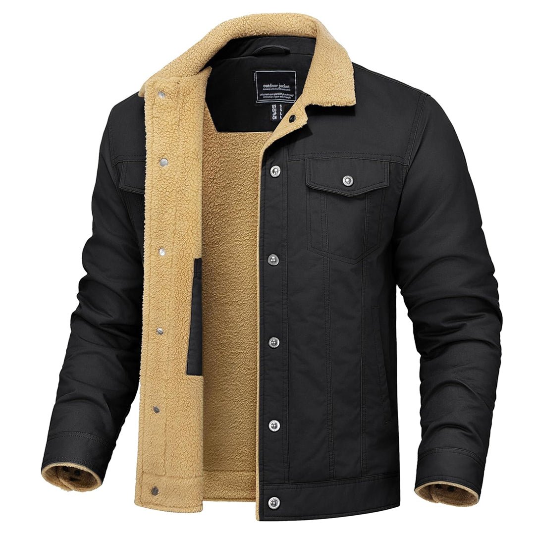 Men's sherpa fleece lined cargo jacket with windproof cuffs, six pockets, cotton outer shell