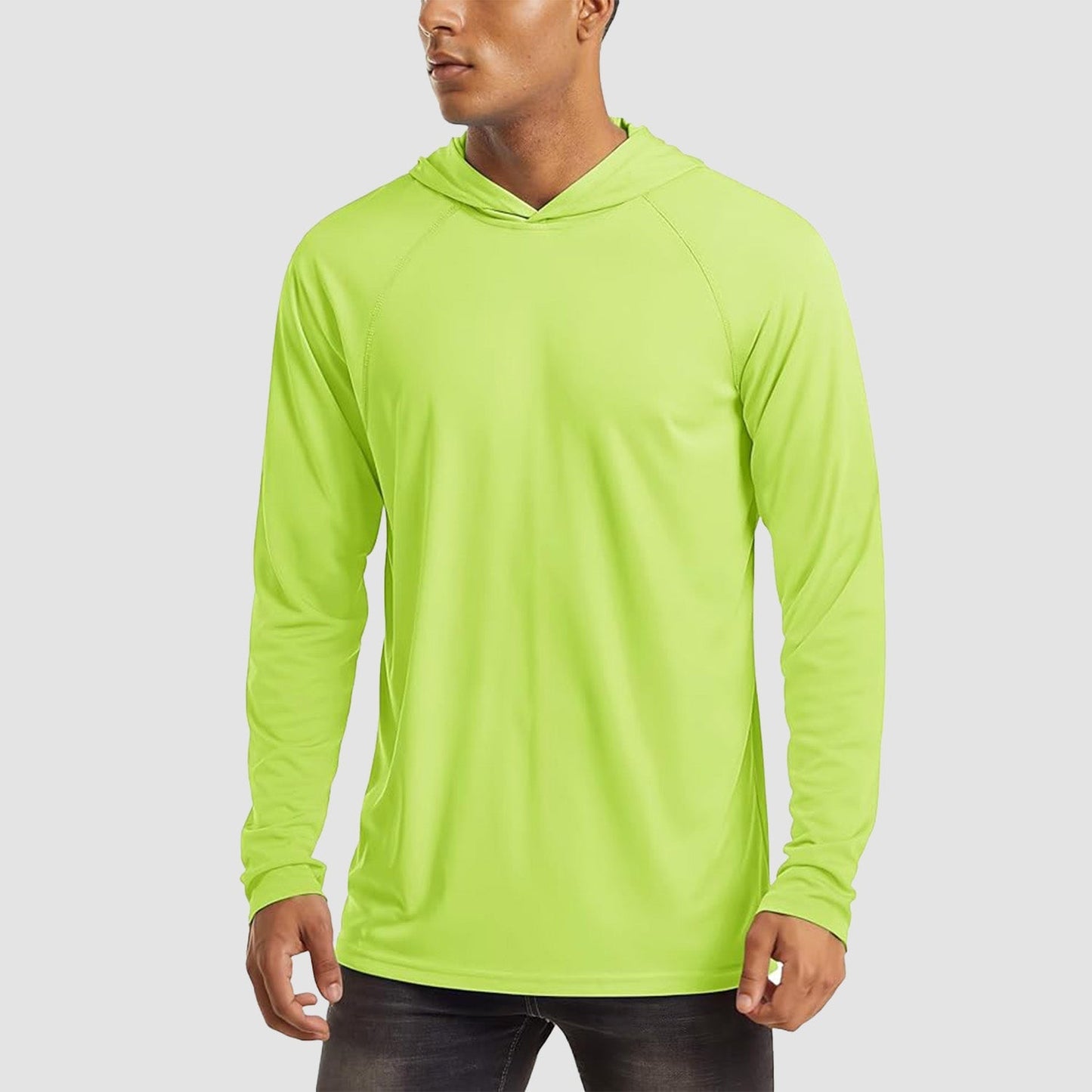 Men's light blue UPF 50+ hooded fishing shirt with flatlock seams and quick-dry breathable fabric