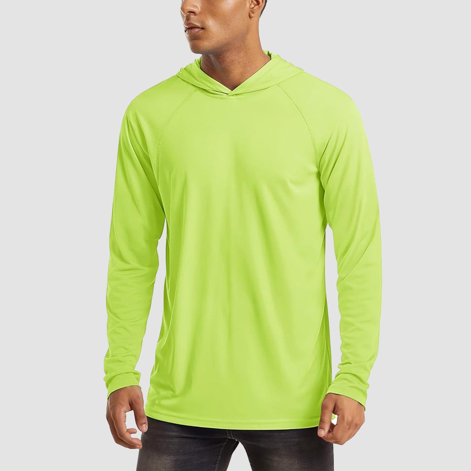 Men's light blue UPF 50+ hooded fishing shirt with flatlock seams and quick-dry breathable fabric