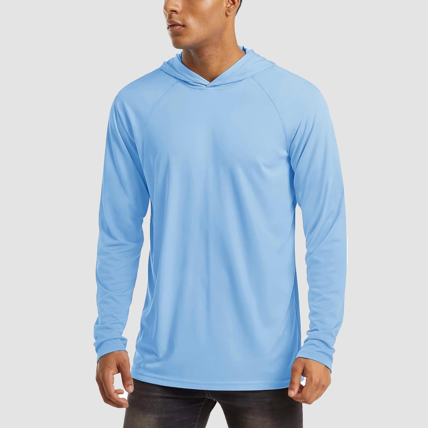 Men's white UPF 50+ hooded fishing shirt lightweight quick-dry flatlock seams sun protection