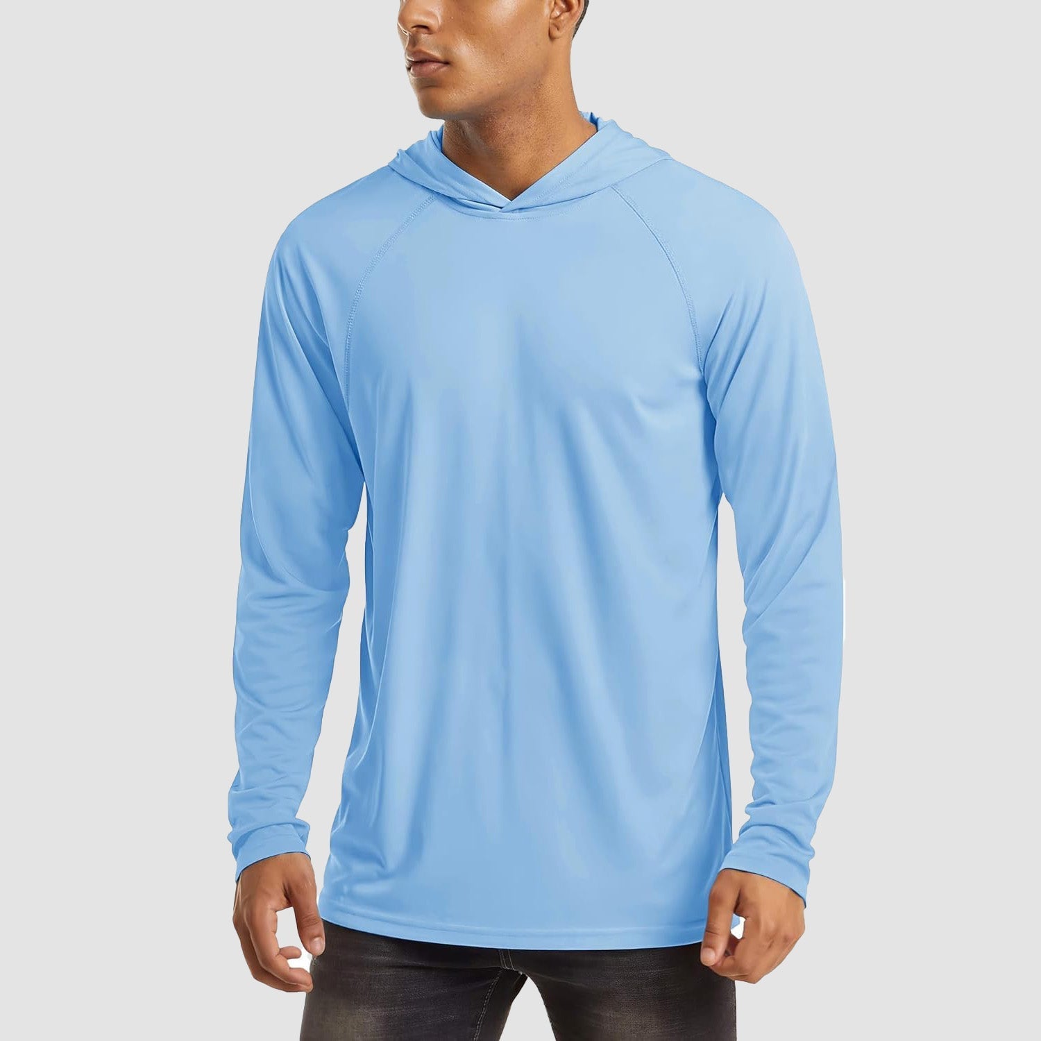 Men's white UPF 50+ hooded fishing shirt lightweight quick-dry flatlock seams sun protection