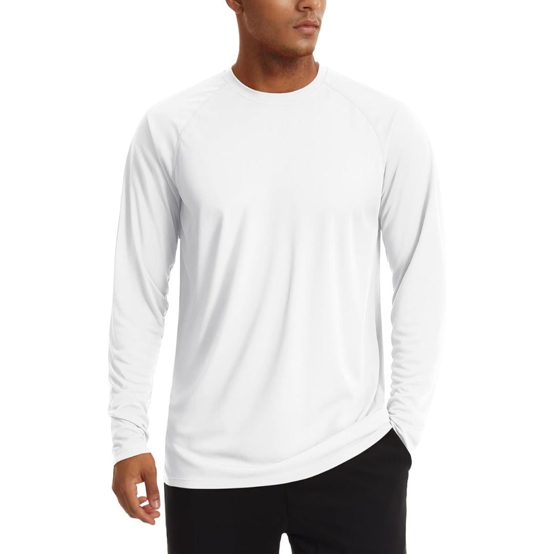 Men's UPF 50+ long sleeve sun protection shirt lightweight quick-dry polyester outdoor activity fit