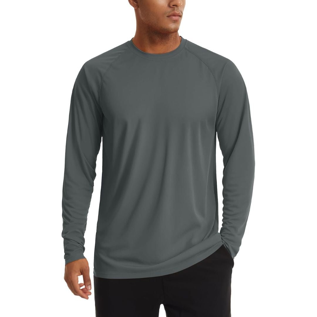 Men's UPF 50+ long sleeve sun protection shirt lightweight quick-dry polyester for outdoor activities