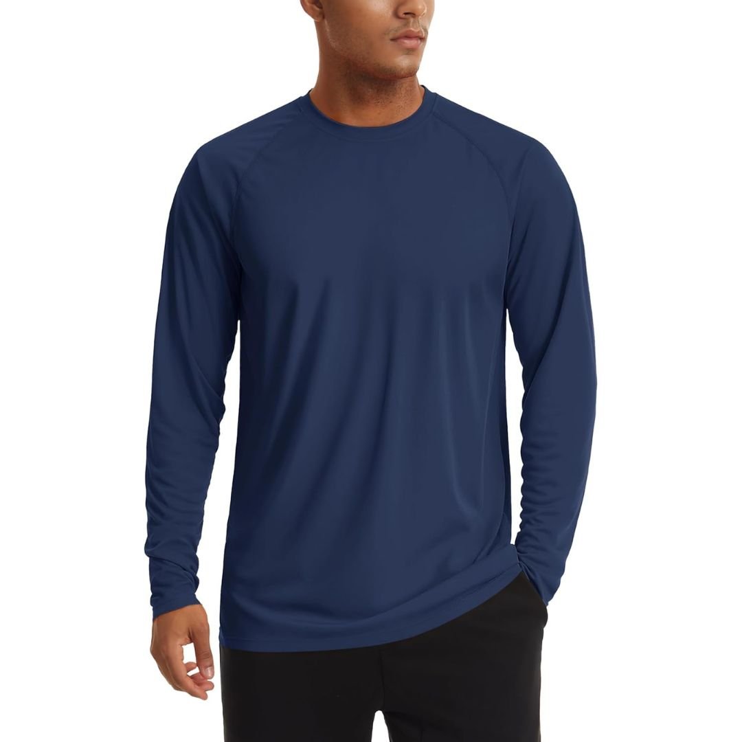 Men's UPF 50+ long sleeve sun protection shirt lightweight quick-dry polyester outdoor activity top