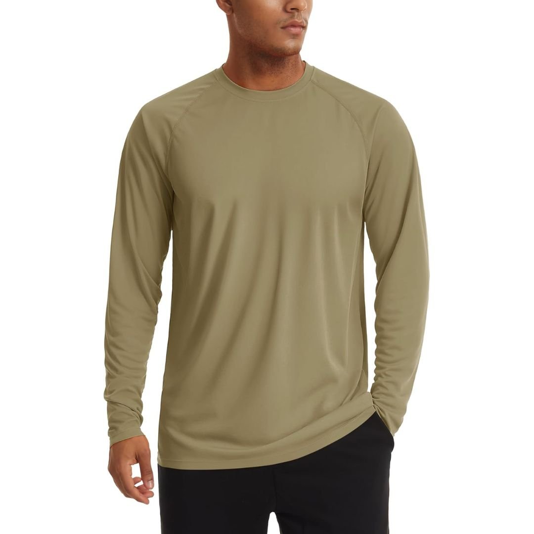 Men's UPF 50+ long sleeve sun protection shirt lightweight quick-dry polyester for outdoor activities