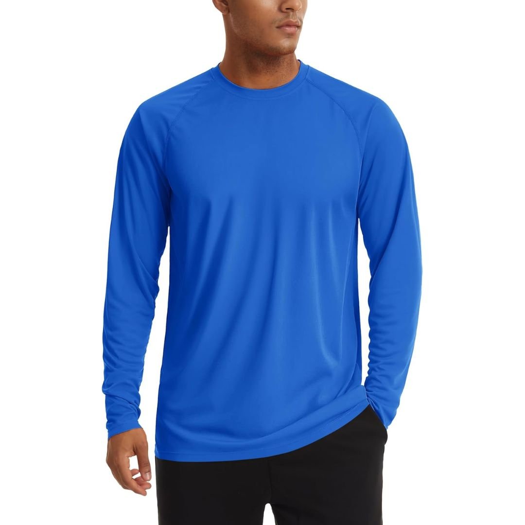 Men's UPF 50+ long sleeve sun protection shirt lightweight quick-dry polyester for outdoor activities