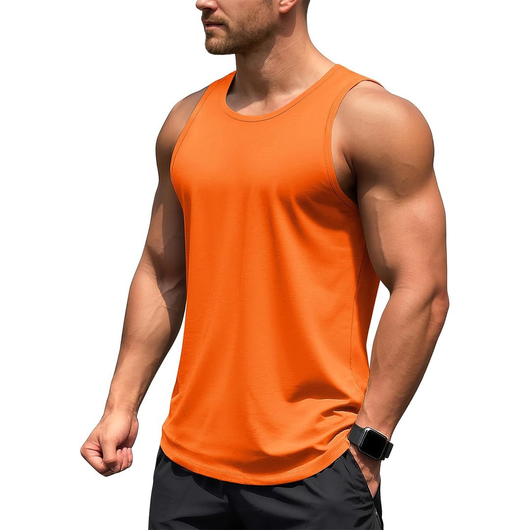 Men's UPF 50+ quick dry gym tank top in neutral tone, four-way stretch athletic fit for outdoor training